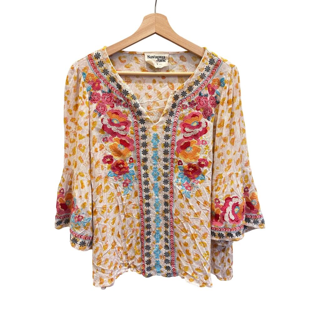 Savanna Jane Embroidered Boho Blouse Floral Peasant Top S romantic hippy